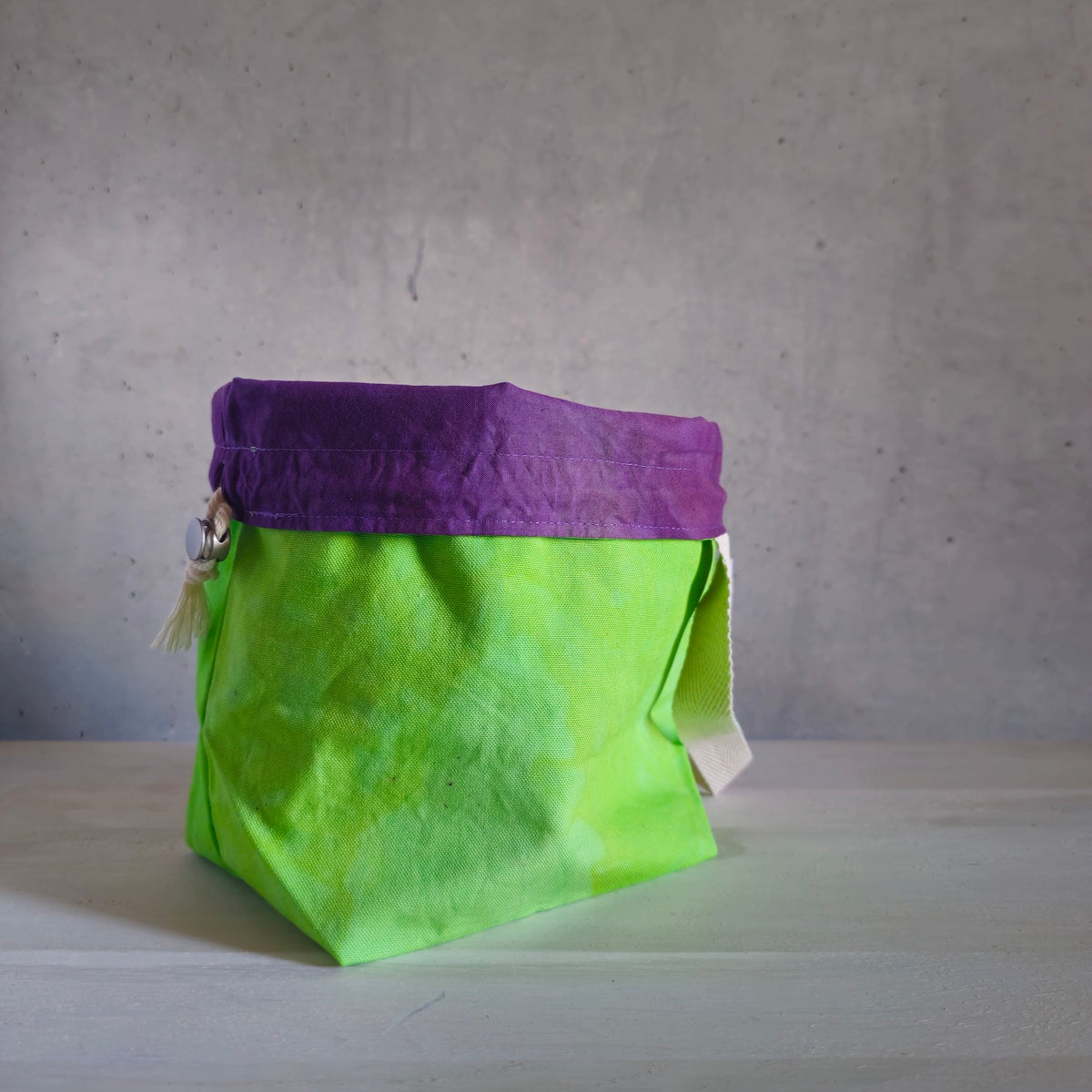 Medium Drawstring Project Bag - Hand dyed, Lime Green & Purple-La Cave à Laine