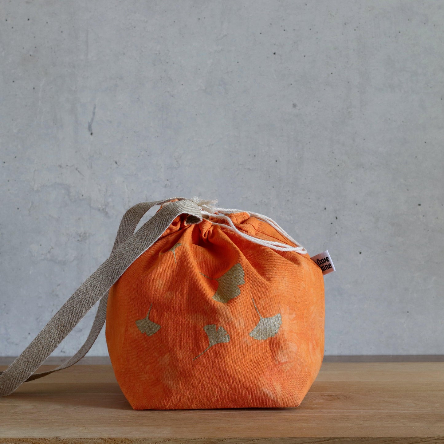 Large Drawstring Project Bag - Hand printed and dyed, Orange & Golden Leafs-La Cave à Laine