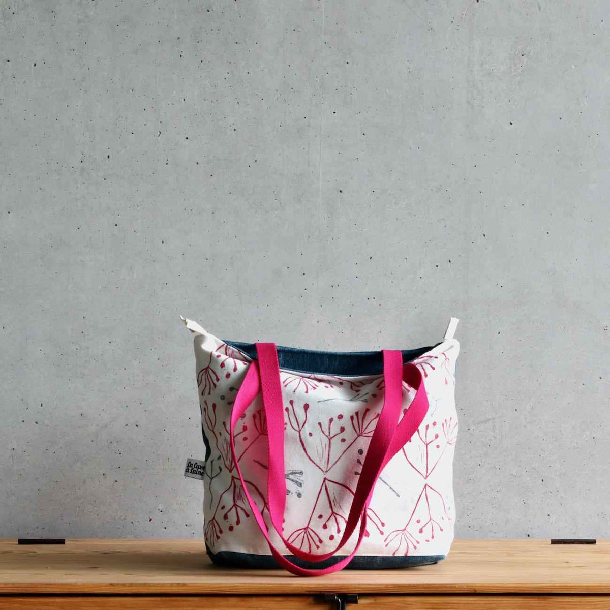 Linocut Project Bag - Long Handles XL - Pink-La Cave à Laine