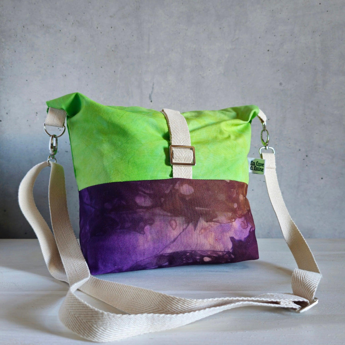 Cannolo Handbag Large- Hand-dyed Lime Green, Purple & Yellow-La Cave à Laine