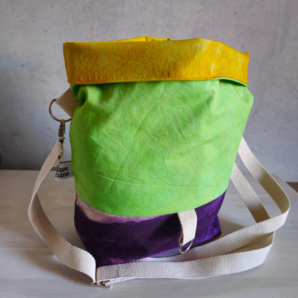 Cannolo Handbag Large- Hand-dyed Lime Green, Purple & Yellow-La Cave à Laine