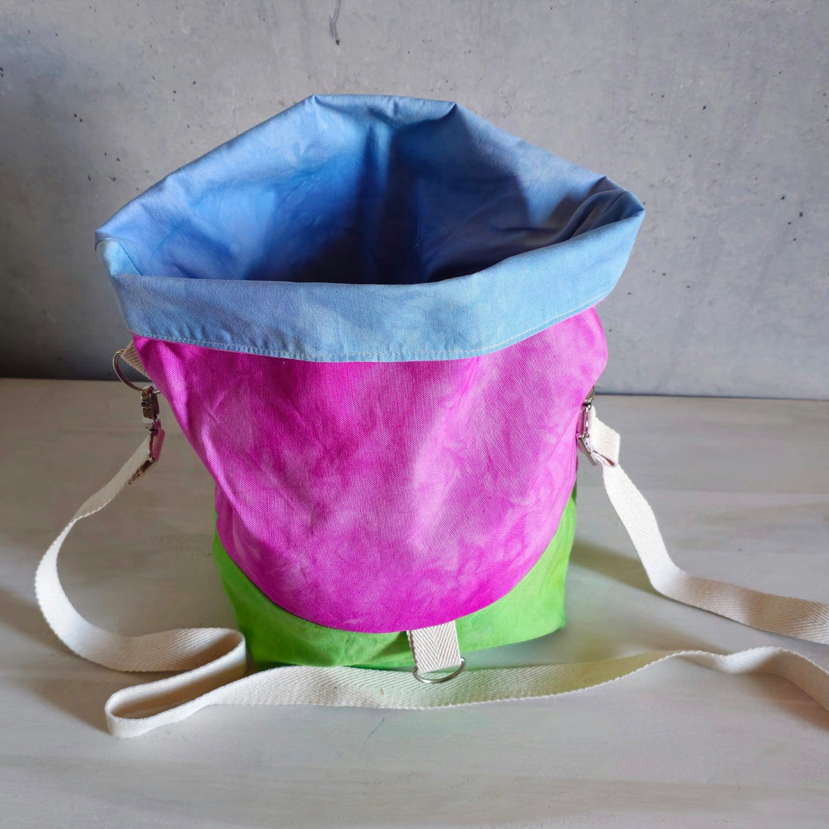 Cannolo Handbag Large - Hand-dyed Pink, Lime Green & Sky Blue-La Cave à Laine