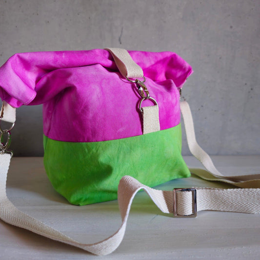 Cannolo Handbag Large - Hand-dyed Pink, Lime Green & Sky Blue-La Cave à Laine