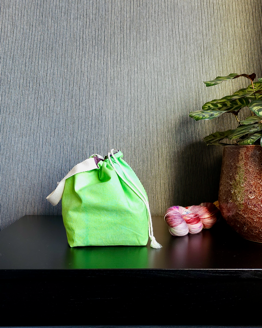 Medium Drawstring Project Bag - Hand dyed, Lime Green & Purple-La Cave à Laine
