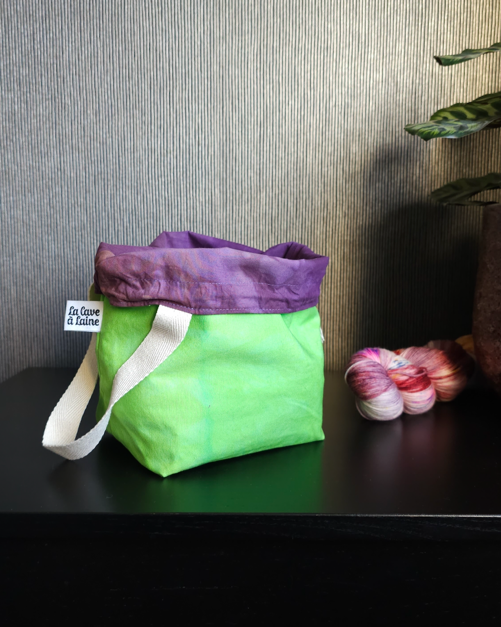 Medium Drawstring Project Bag - Hand dyed, Lime Green & Purple-La Cave à Laine