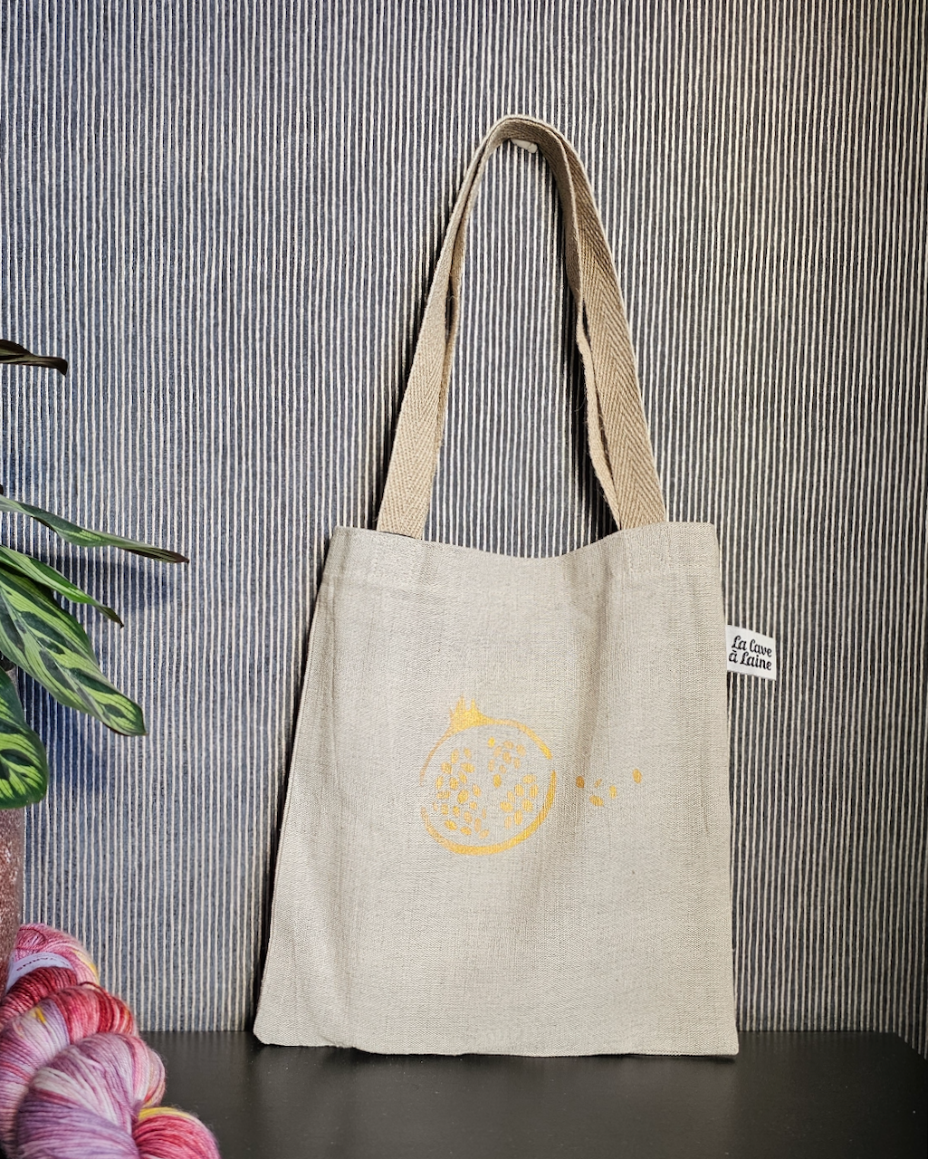 Tote Bag - Hand Printed - Gold Pomegrenate-La Cave à Laine
