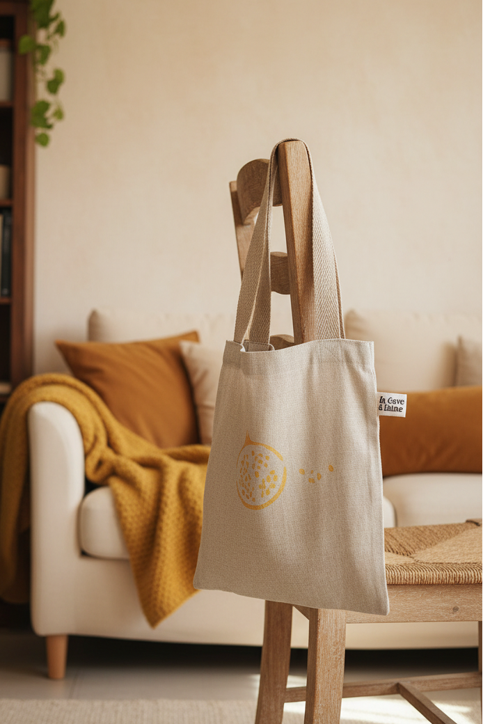 Tote Bag - Hand Printed - Gold Pomegrenate-La Cave à Laine