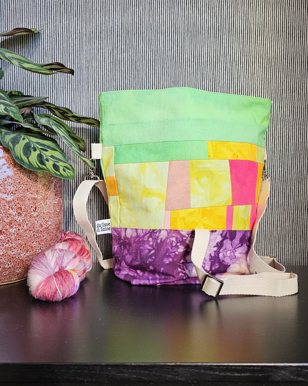 Cannolo Handbag Large - Hand-dyed, Green and Patchwork-La Cave à Laine