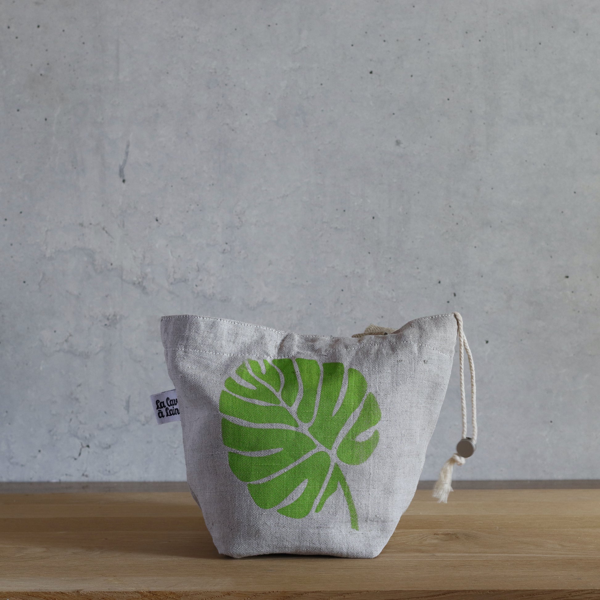 Small Drawstring Project Bag - Hand printed, Green Leaf-La Cave à Laine
