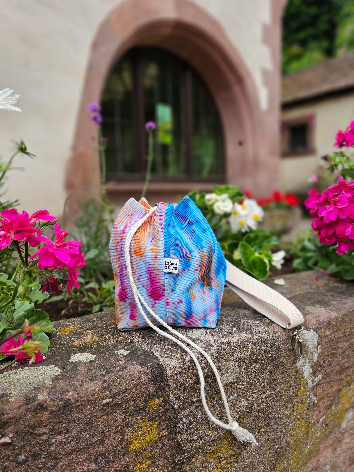 Small Drawstring Project Bag - Hand dyed, Light blue and bicolore pois