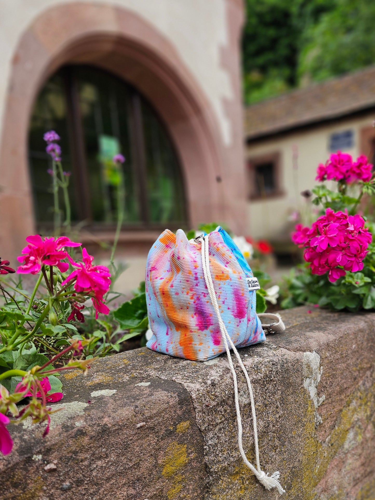 Small Drawstring Project Bag - Hand dyed, Light blue and bicolore pois