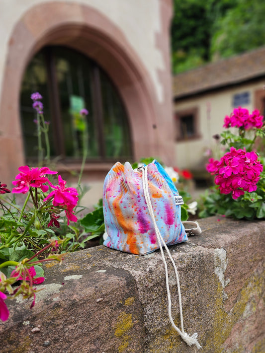 Small Drawstring Project Bag - Hand dyed, Light blue and bicolore pois