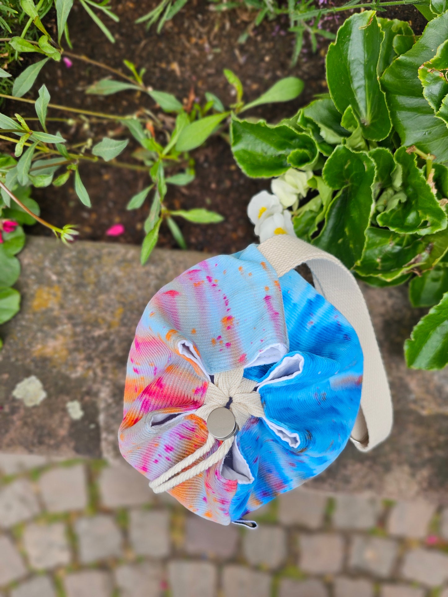 Small Drawstring Project Bag - Hand dyed, Light blue and bicolore pois