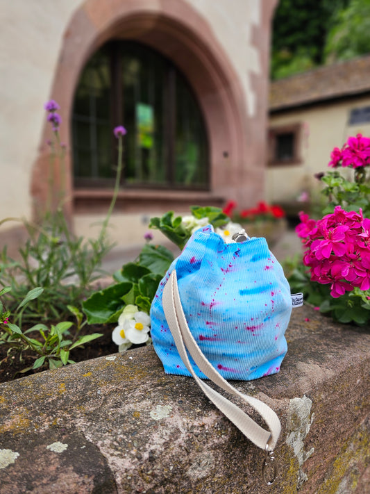 Small Drawstring Project Bag - Hand dyed, Light blue and pois