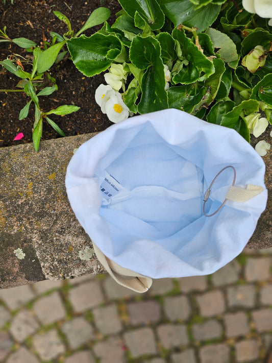 Small Drawstring Project Bag - Hand dyed, Light blue and pois