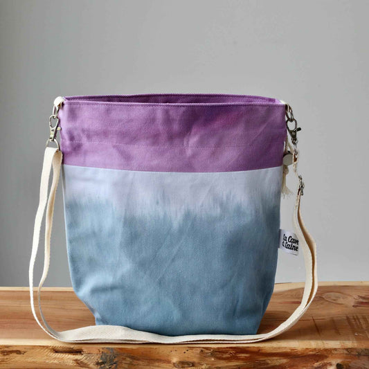 Aquarelle Project Bag - Hand-Dyed Organic Cotton, Crossbody: Bicolour Blu & Viola - END OF COLLECTION-La Cave à Laine