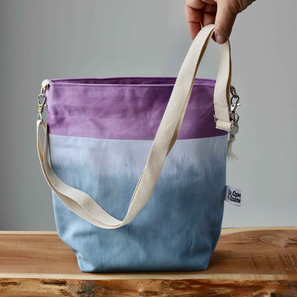 Aquarelle Project Bag - Hand-Dyed Organic Cotton, Crossbody: Bicolour Blu & Viola - END OF COLLECTION-La Cave à Laine