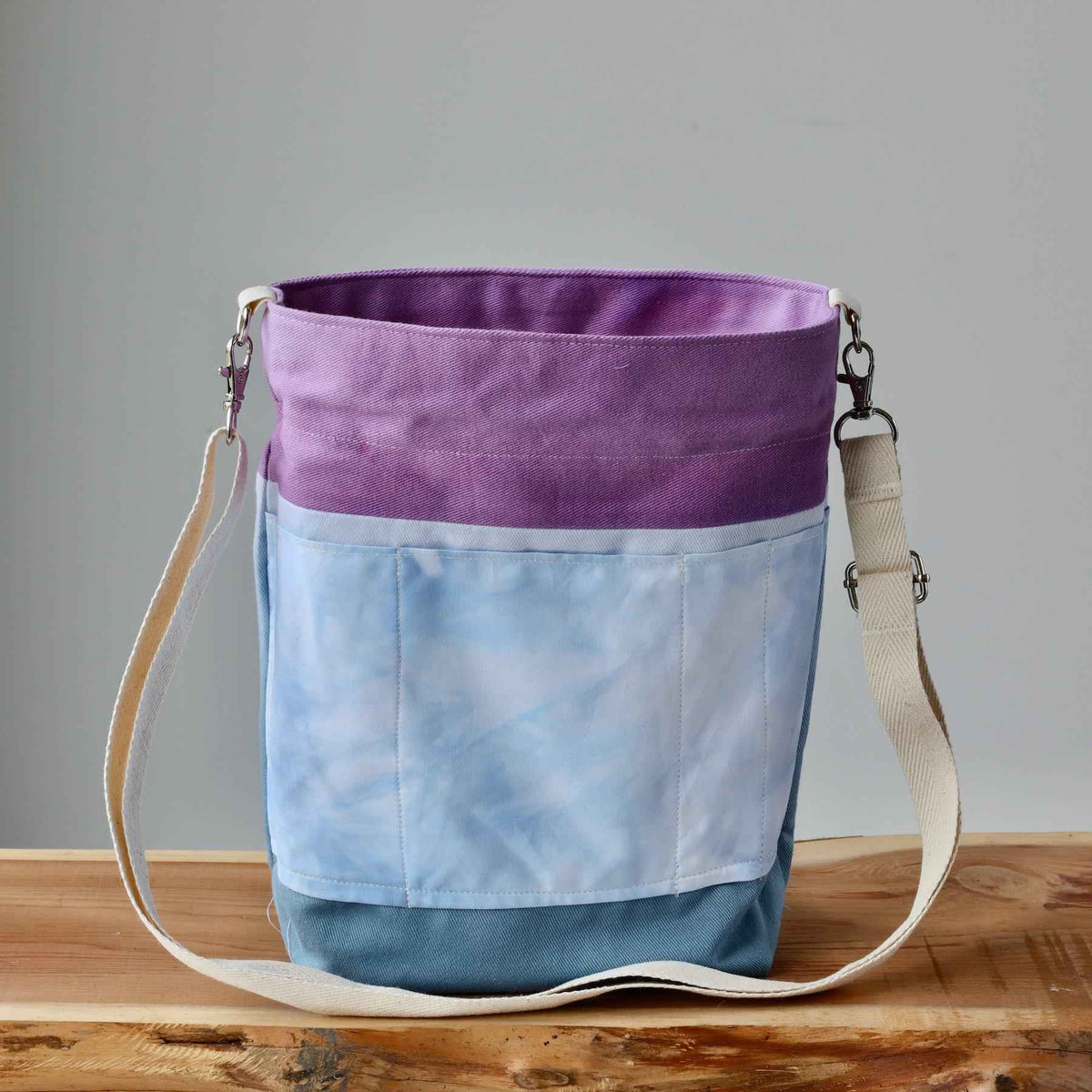 Aquarelle Project Bag - Hand-Dyed Organic Cotton, Crossbody: Bicolour Blu & Viola - END OF COLLECTION-La Cave à Laine