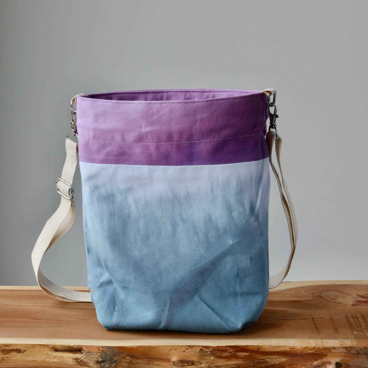 Aquarelle Project Bag - Hand-Dyed Organic Cotton, Crossbody: Bicolour Blu & Viola - END OF COLLECTION-La Cave à Laine