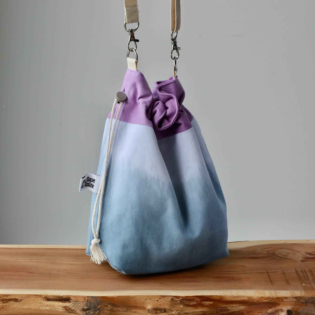 Aquarelle Project Bag - Hand-Dyed Organic Cotton, Crossbody: Bicolour Blu & Viola - END OF COLLECTION-La Cave à Laine