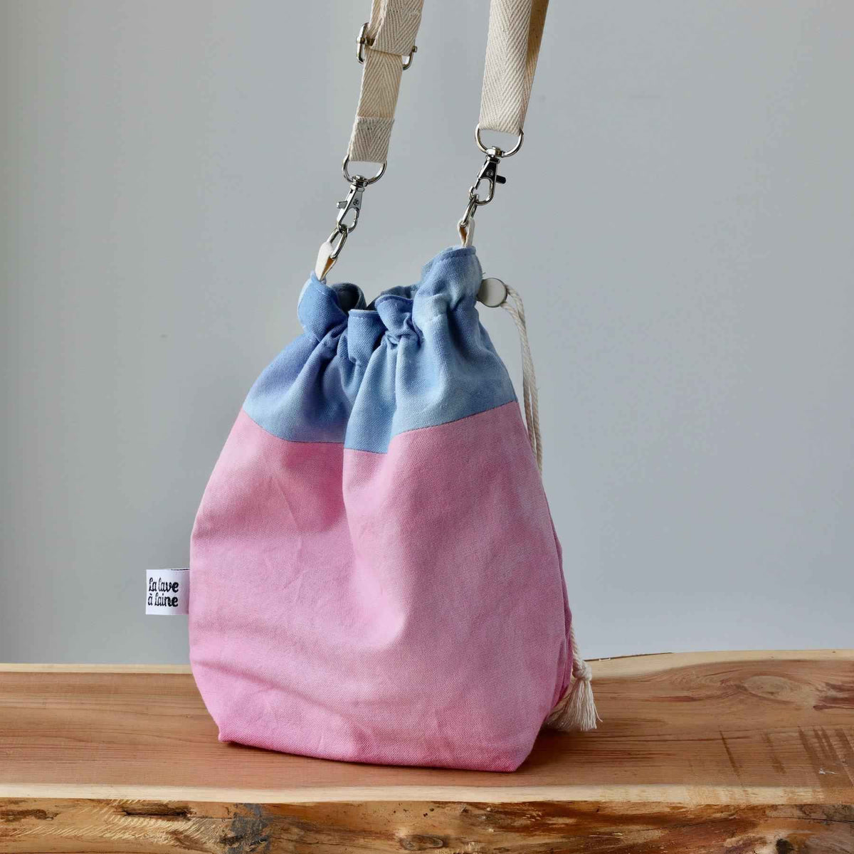 Aquarelle Project Bag - Hand-Dyed Organic Cotton, Crossbody: Bicolour Blu & Rosa-La Cave à Laine