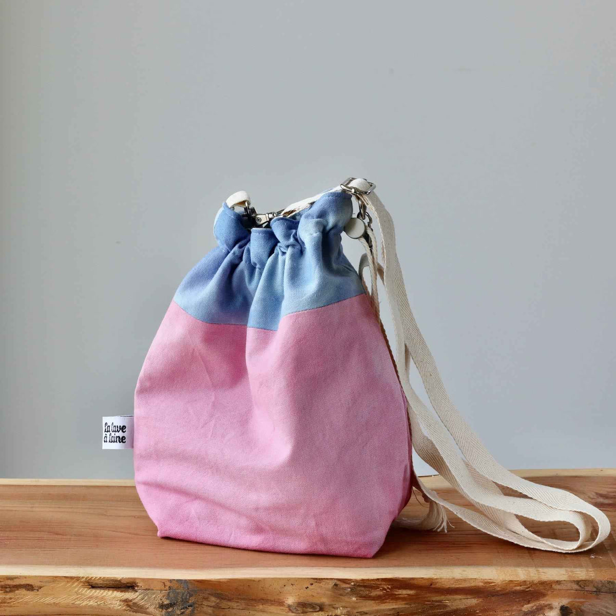 Aquarelle Project Bag - Hand-Dyed Organic Cotton, Crossbody: Bicolour Blu & Rosa-La Cave à Laine