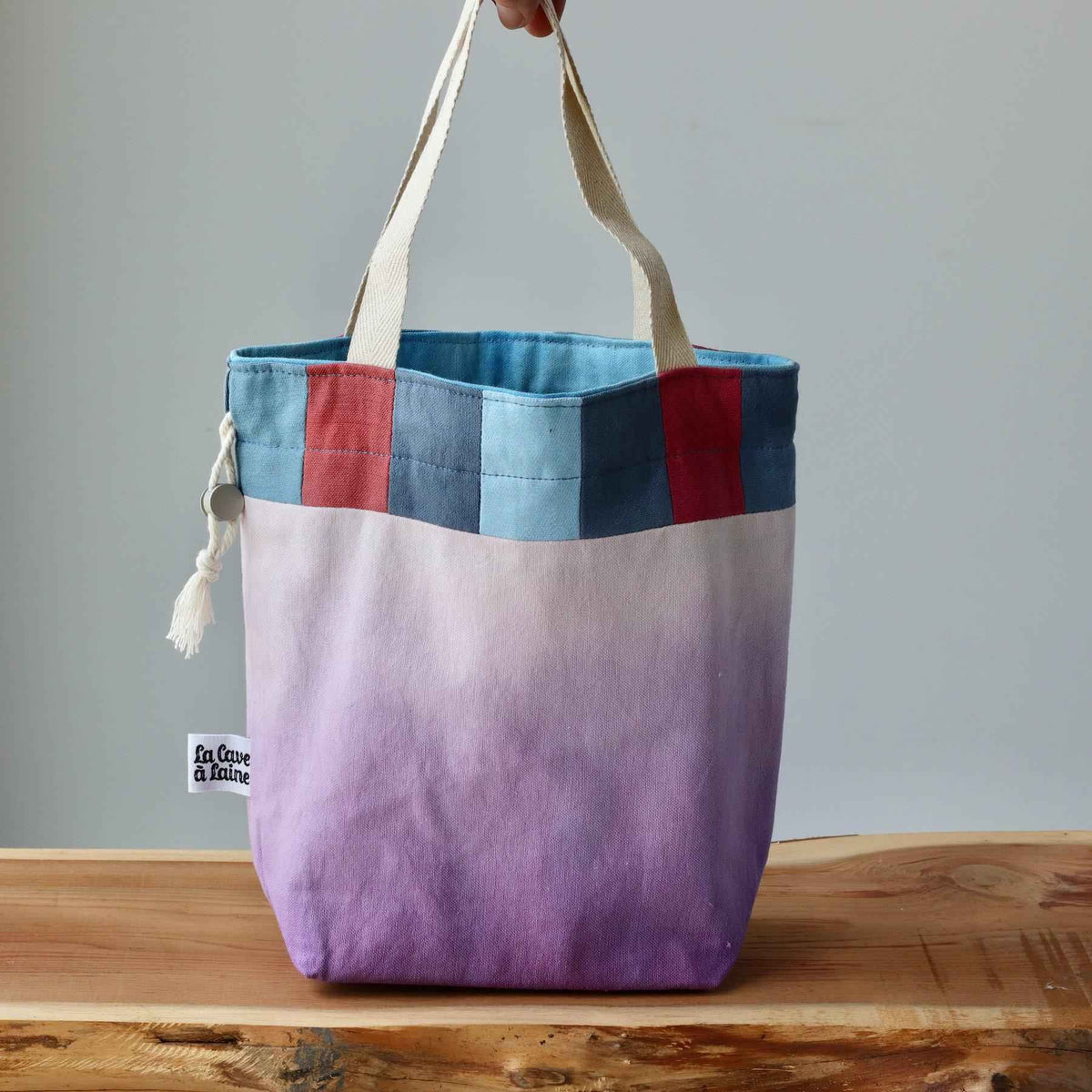 Aquarelle Project Bag - Hand-Dyed Organic Cotton, Bicolour: Multicolore e Viola - END OF COLLECTION-La Cave à Laine