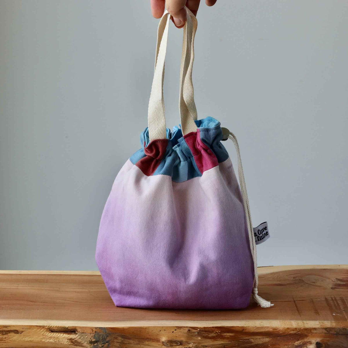 Aquarelle Project Bag - Hand-Dyed Organic Cotton, Bicolour: Multicolore e Viola - END OF COLLECTION-La Cave à Laine