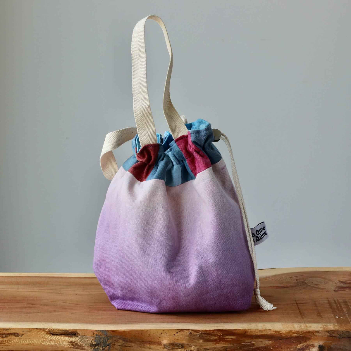 Aquarelle Project Bag - Hand-Dyed Organic Cotton, Bicolour: Multicolore e Viola - END OF COLLECTION-La Cave à Laine