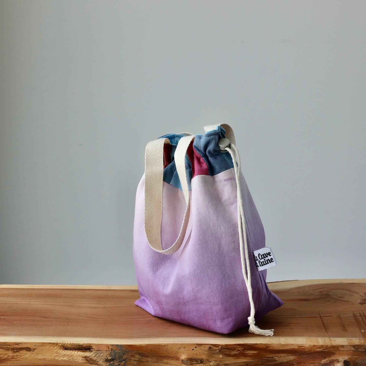 Aquarelle Project Bag - Hand-Dyed Organic Cotton, Bicolour: Multicolore e Viola - END OF COLLECTION-La Cave à Laine