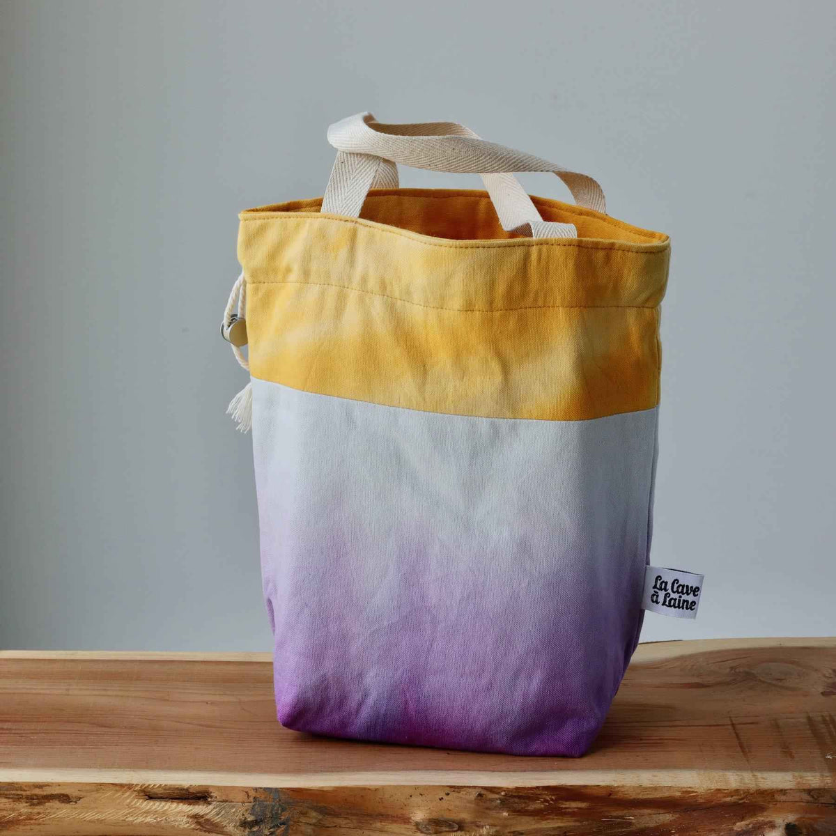 Aquarelle Project Bag - Hand-Dyed Organic Cotton, Bicolour: Giallo e Viola-La Cave à Laine