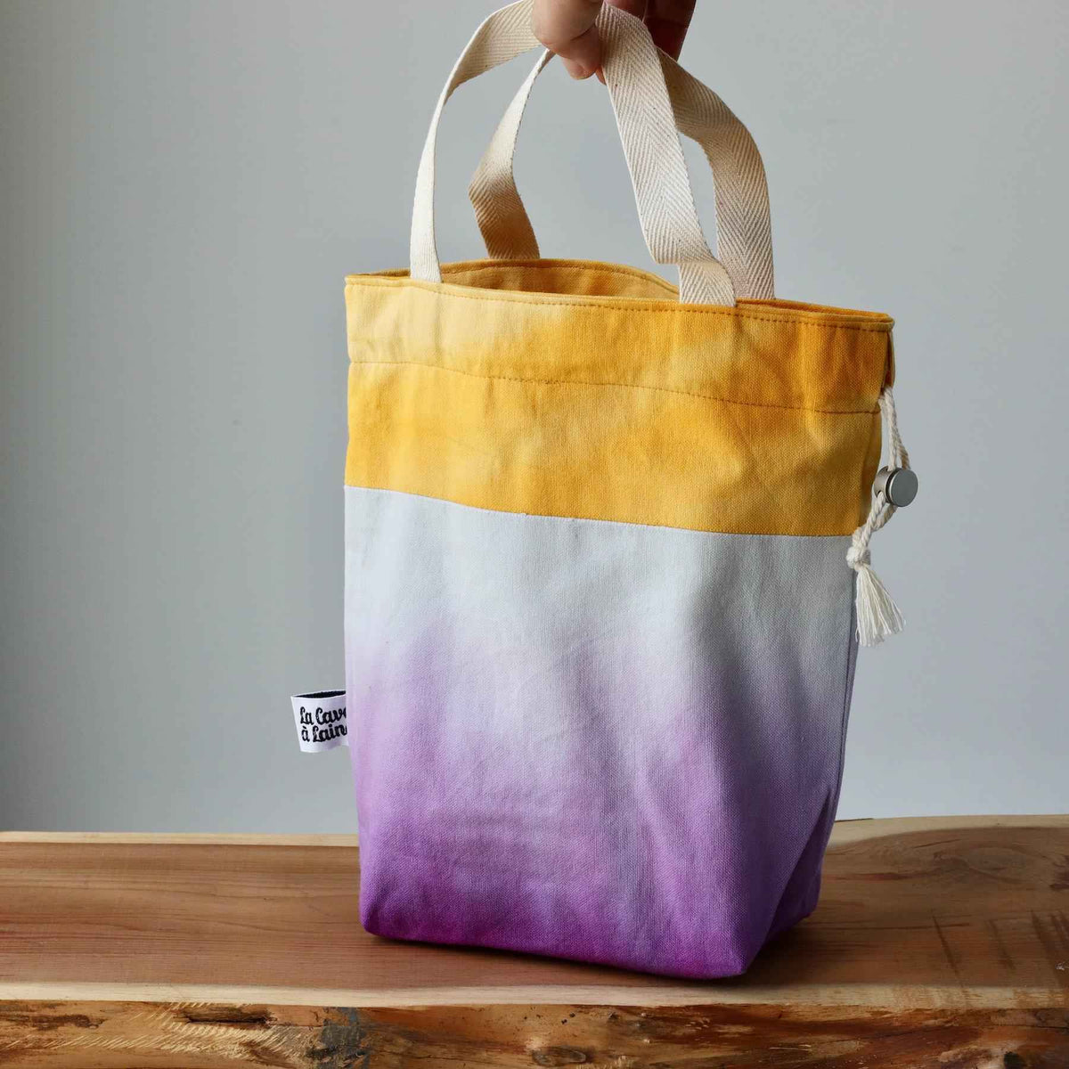 Aquarelle Project Bag - Hand-Dyed Organic Cotton, Bicolour: Giallo e Viola-La Cave à Laine