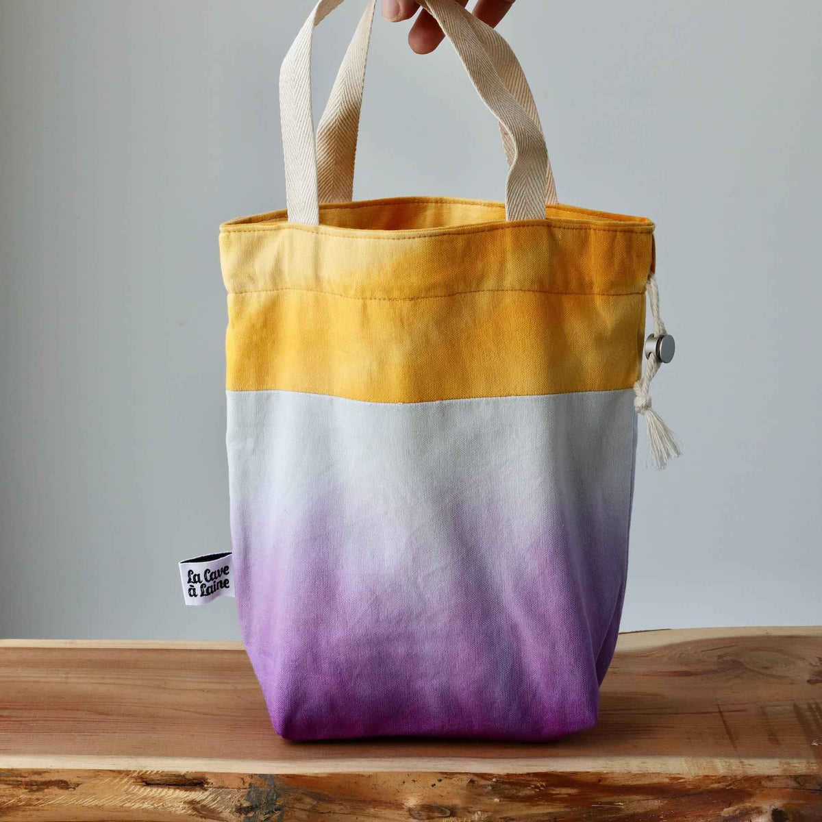 Aquarelle Project Bag - Hand-Dyed Organic Cotton, Bicolour: Giallo e Viola-La Cave à Laine