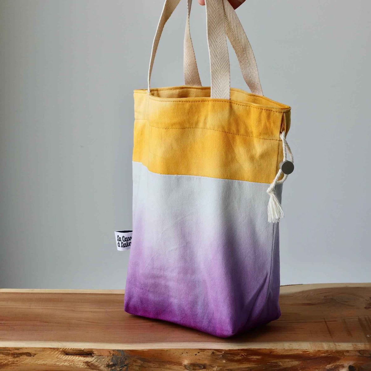 Aquarelle Project Bag - Hand-Dyed Organic Cotton, Bicolour: Giallo e Viola-La Cave à Laine