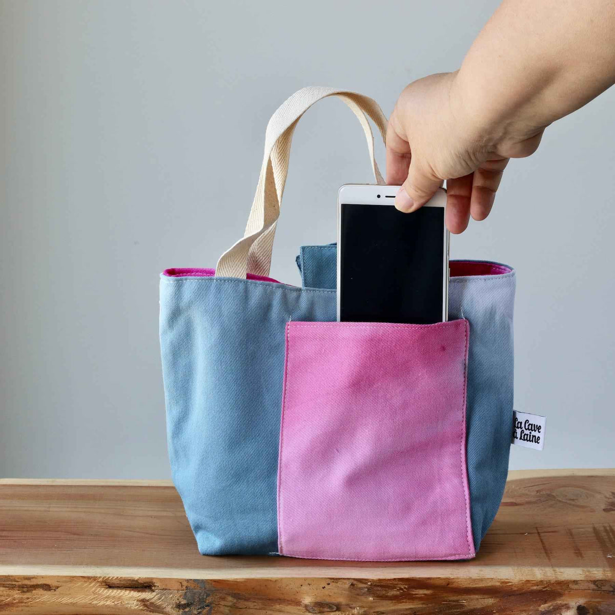 Aquarelle Small Project Bag - Hand-Dyed Organic Cotton, Blu & Rosa - END OF COLLECTION-La Cave à Laine