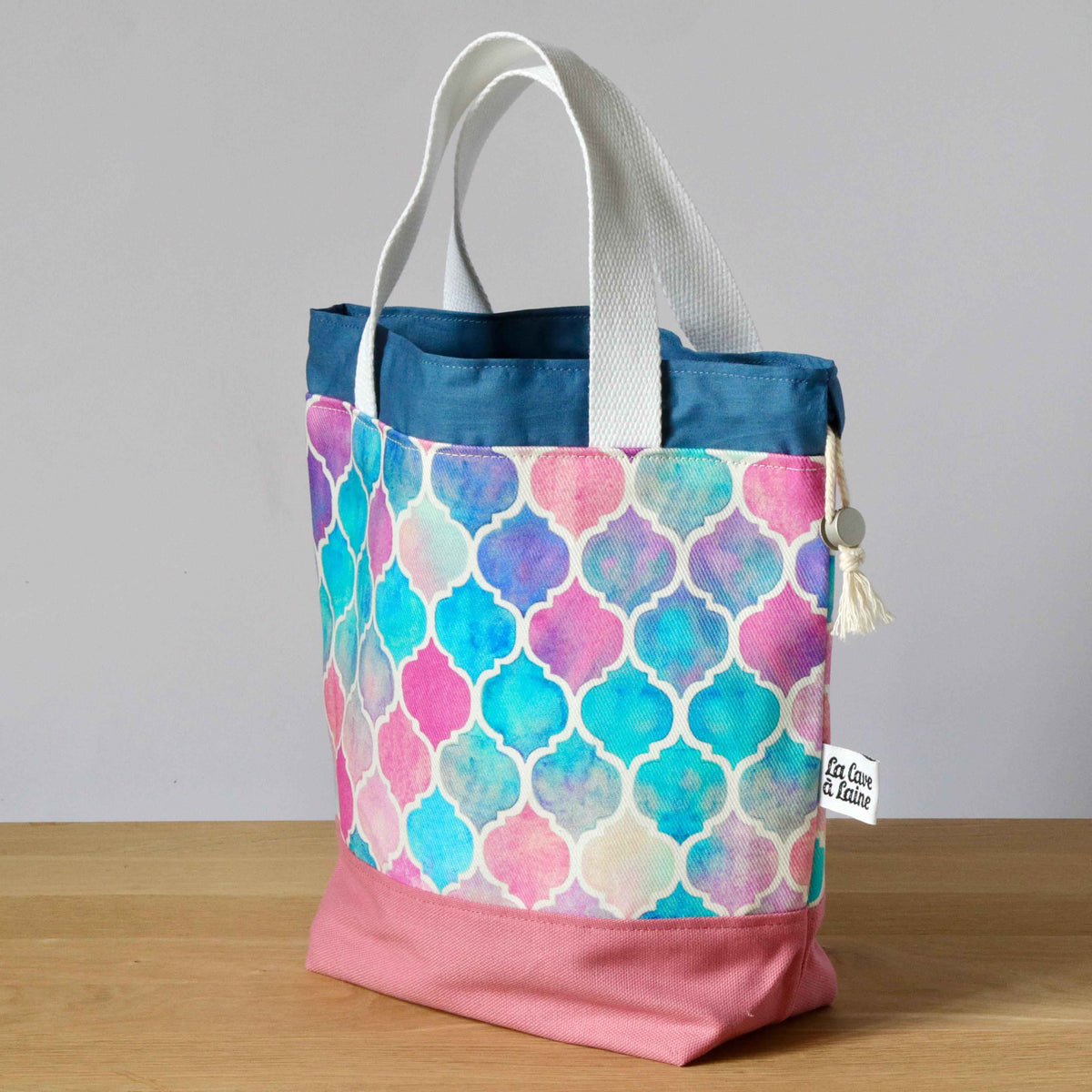 Zellige Project Bag - Short Handles, Pink & Blue-La Cave à Laine