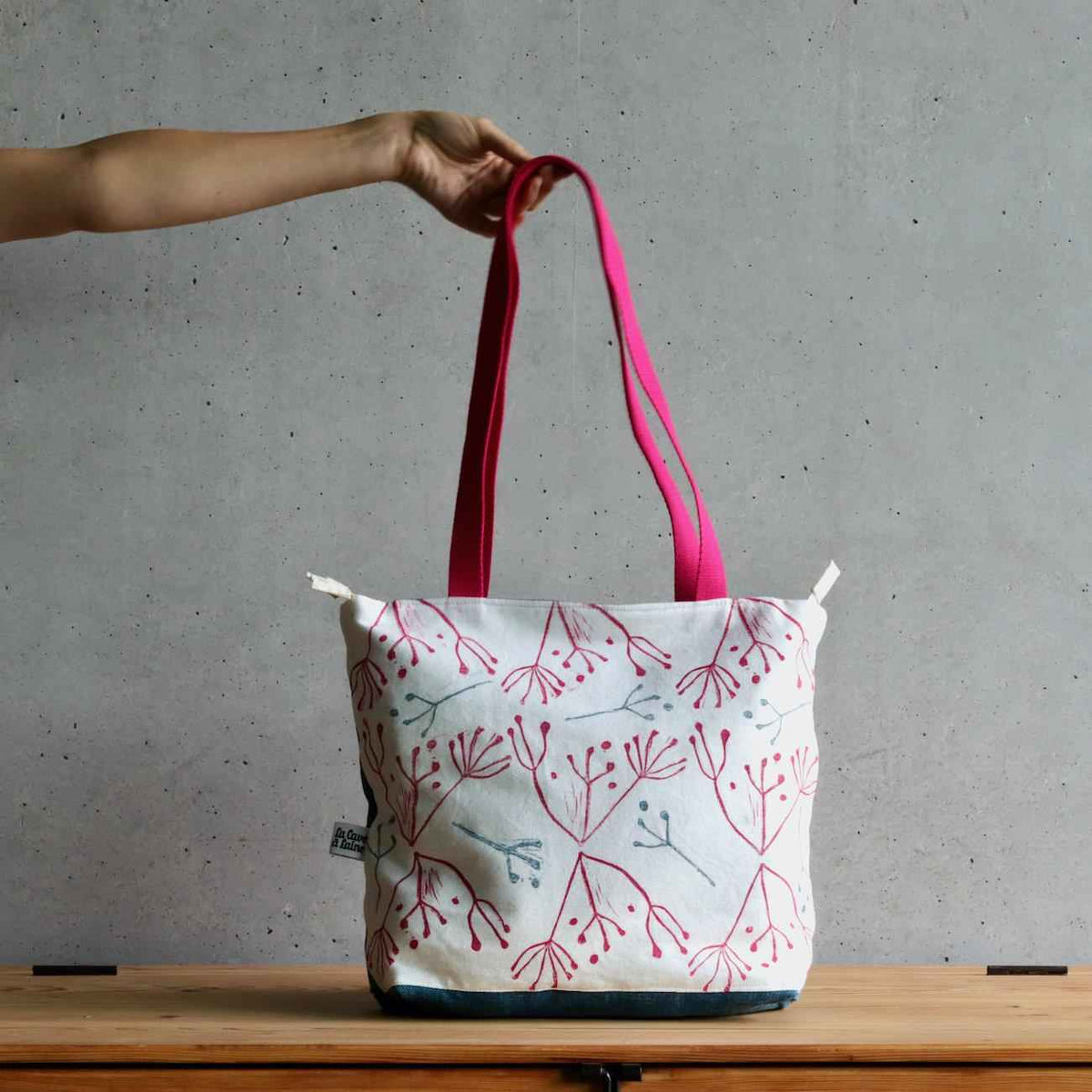 Linocut Project Bag - Long Handles XL - Pink-La Cave à Laine