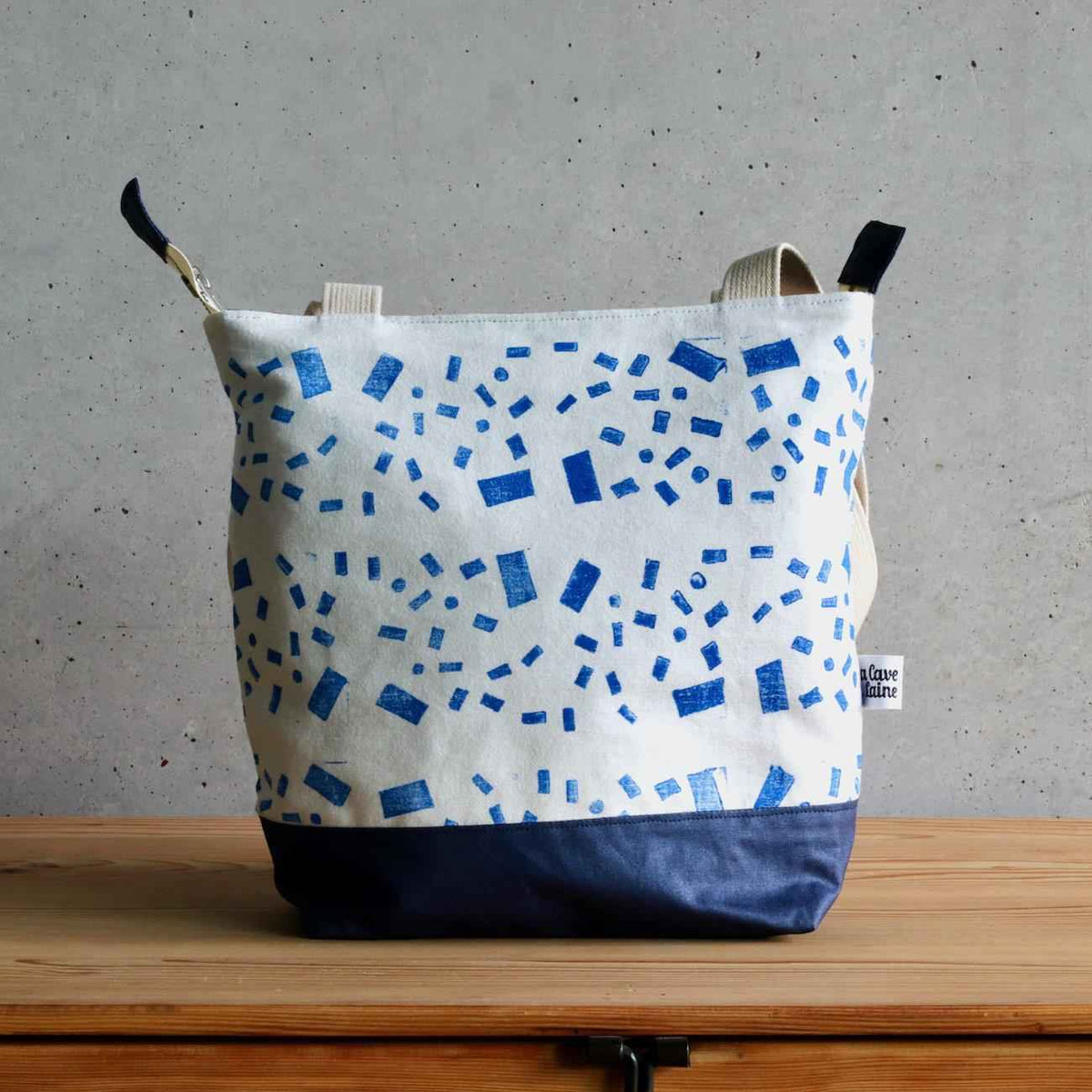 Linocut Project Bag - Long Handles XL - Blue-La Cave à Laine