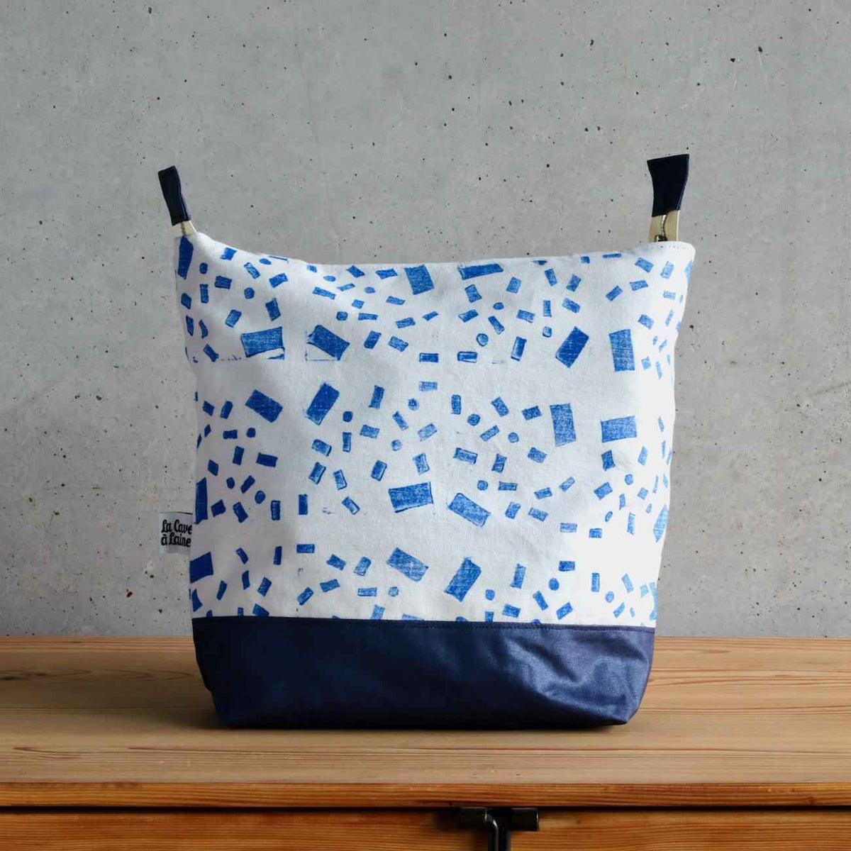 Linocut Project Bag - Long Handles XL - Blue-La Cave à Laine