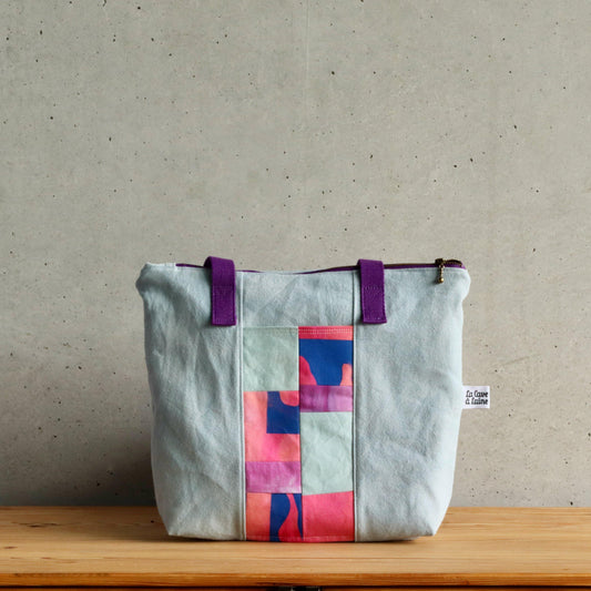 Patchwork Handcrafted Bag with Zipper - Purple Handles-La Cave à Laine