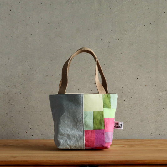 Handcrafted Canvas Bag - Hand-dyed and Patchwork Gioia - Pink and Green-La Cave à Laine