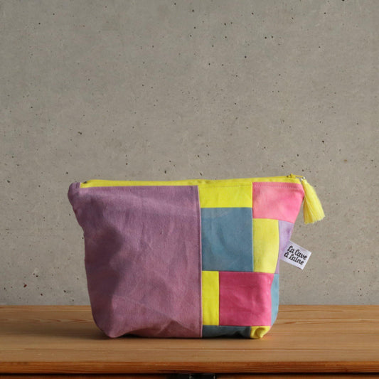 Handcrafted Canvas Bag - Hand-dyed and Patchwork Zipper Bag - Purple and Yellow-La Cave à Laine