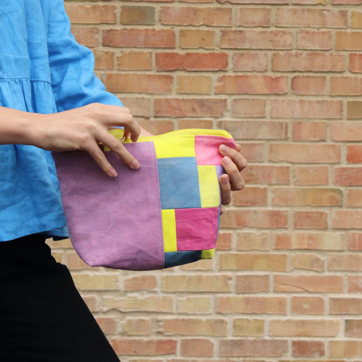 Handcrafted Canvas Bag - Hand-dyed and Patchwork Zipper Bag - Purple and Yellow-La Cave à Laine