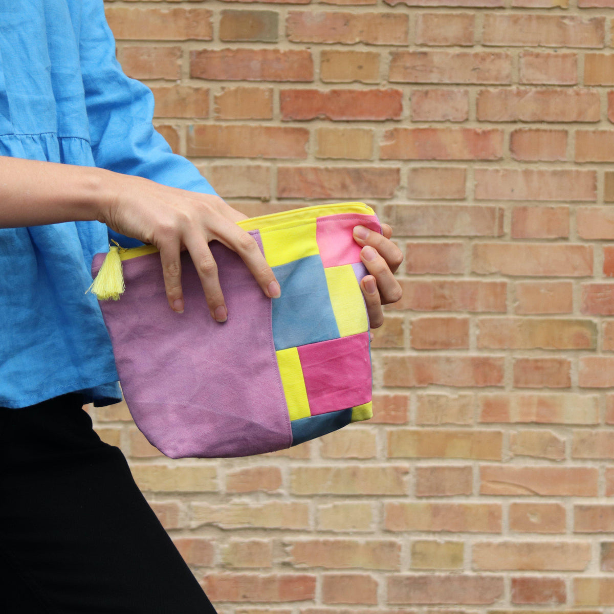 Handcrafted Canvas Bag - Hand-dyed and Patchwork Zipper Bag - Purple and Yellow-La Cave à Laine