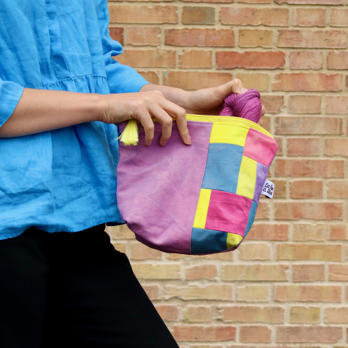 Handcrafted Canvas Bag - Hand-dyed and Patchwork Zipper Bag - Purple and Yellow-La Cave à Laine