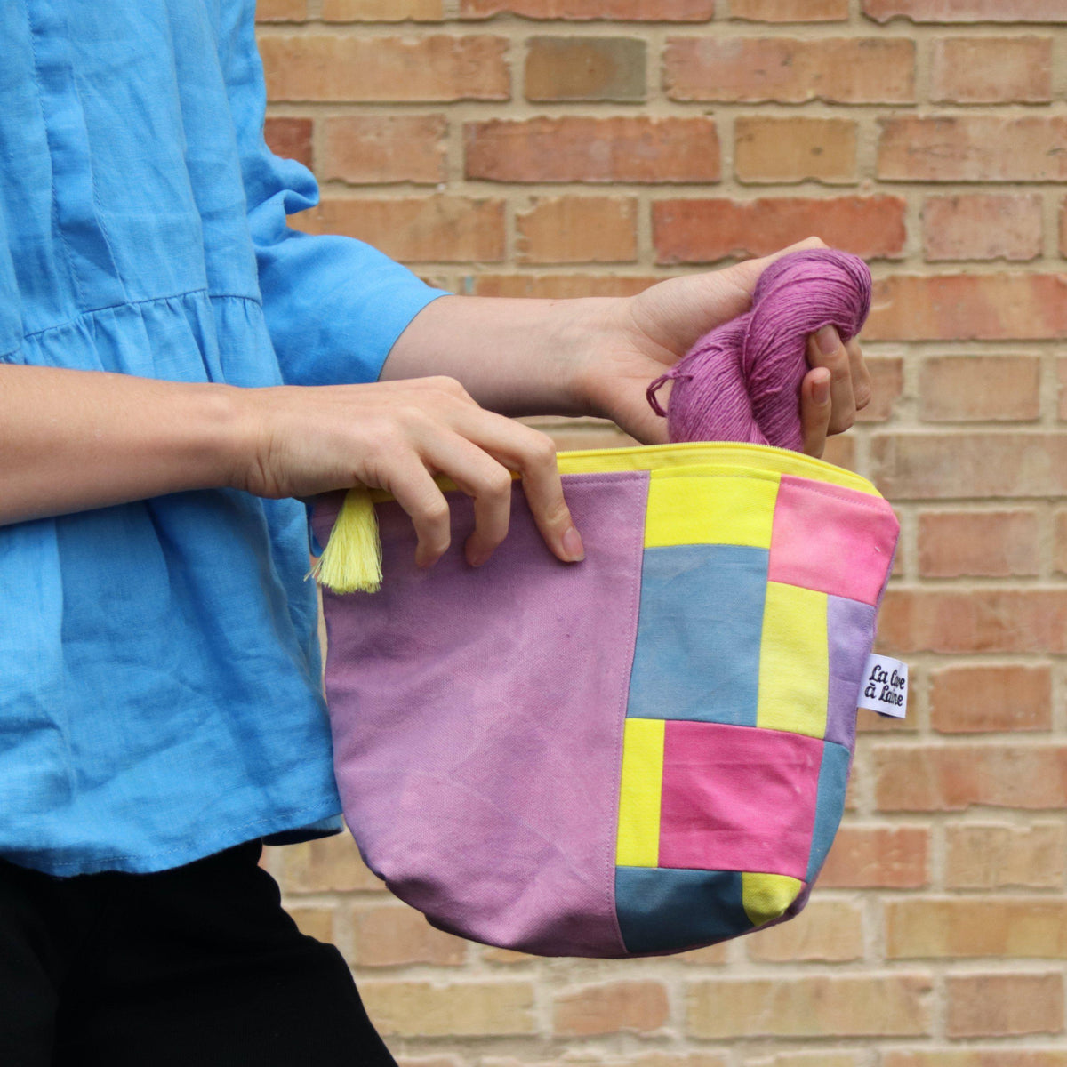 Handcrafted Canvas Bag - Hand-dyed and Patchwork Zipper Bag - Purple and Yellow-La Cave à Laine