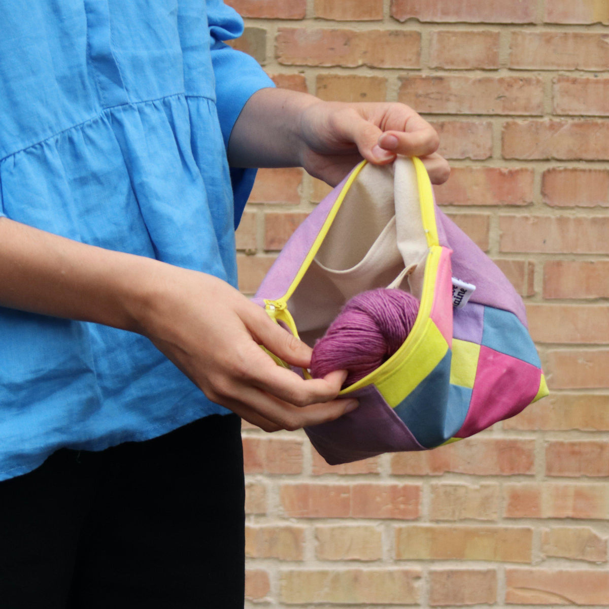 Handcrafted Canvas Bag - Hand-dyed and Patchwork Zipper Bag - Purple and Yellow-La Cave à Laine