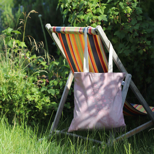 Tote Bag - Hand dyed & Hand Printed - Pink Flowers-La Cave à Laine