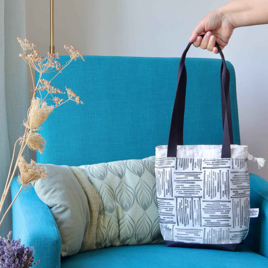 Linocut Project Bag - Long Handles - Black&White-La Cave à Laine