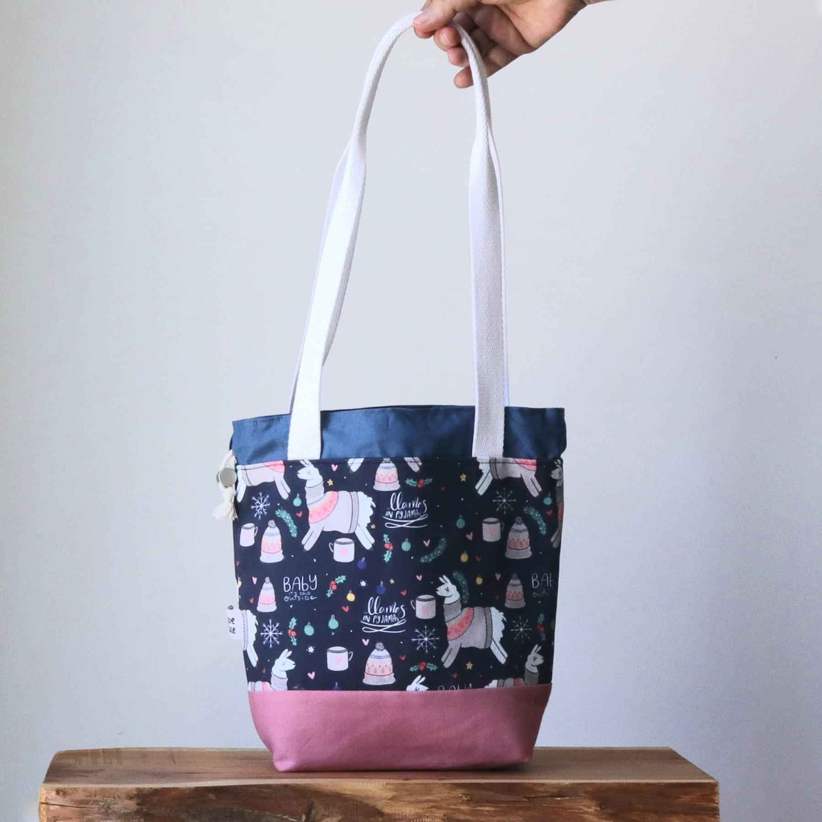 Llama Project Bag - Long Handles - Pink and Blue-La Cave à Laine